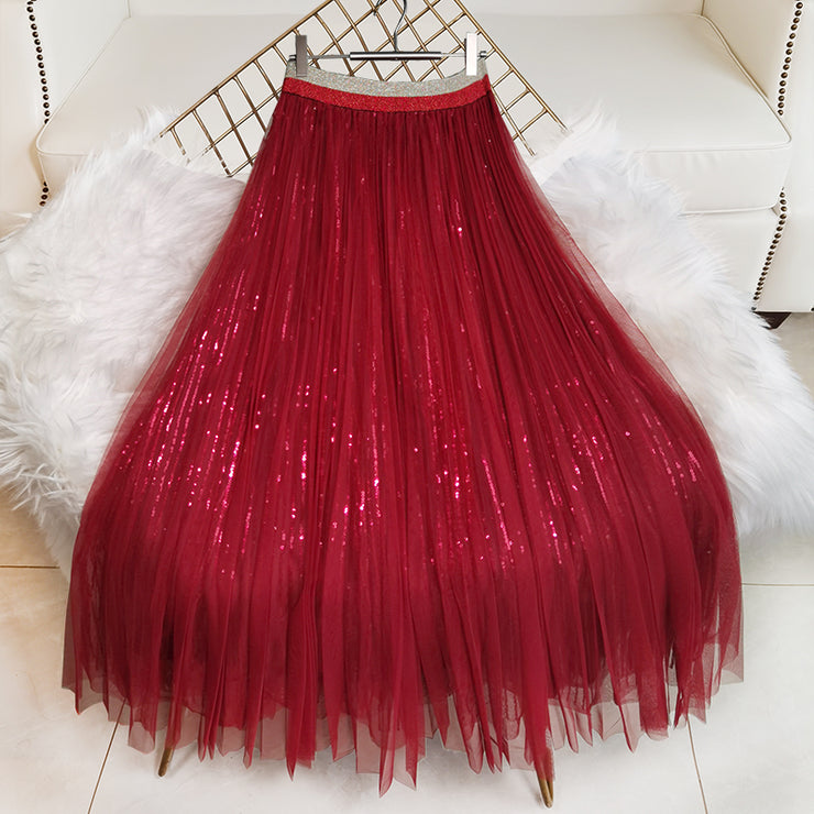 Women Mulberry Sequins tulle Cinched Skirts Summer