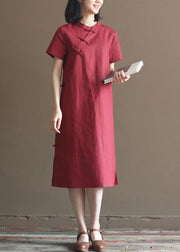 Women Mulberry Solid Mandarin Collar Oriental Button Side Open Cotton Linen Dresses Short Sleeve