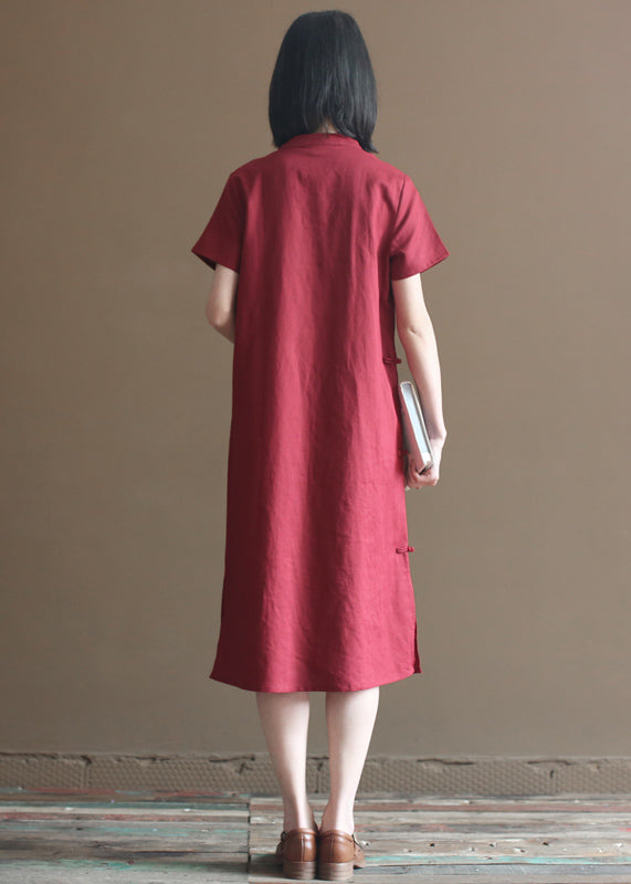 Frauen Mulberry Solid Stehkragen Orientalische Knopf Seite offen Baumwolle Leinen Kleider Kurzarm