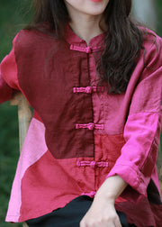 Women Mulberry Stand Collar Patchwork Oriental Button Linen Shirt Top Spring