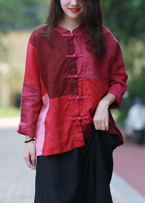 Women Mulberry Stand Collar Patchwork Oriental Button Linen Shirt Top Spring
