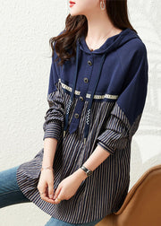 Women Navy Blue Patchwork Drawstring Cotton Hooded Tops Long Sleeve