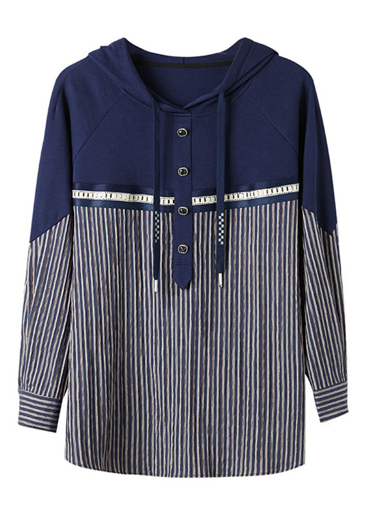 Women Navy Blue Patchwork Drawstring Cotton Hooded Tops Long Sleeve