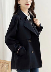 Women Navy Double Breast Pockets Patchwork Cotton Coats Fall