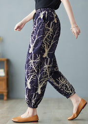 Women Navy Elastic Waist Print Harem Pants Summer
