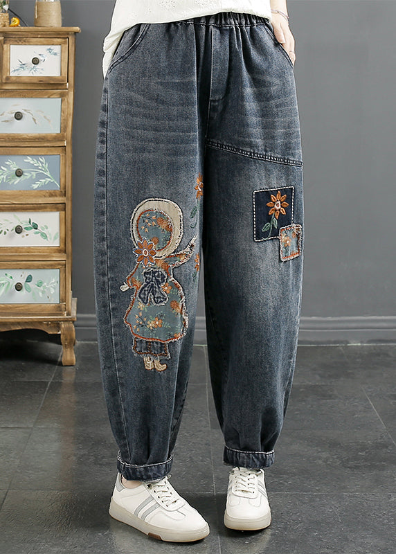 Women Navy Embroidered Applique Denim Harem Pants Winter