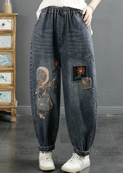 Women Navy Embroidered Applique Denim Harem Pants Winter