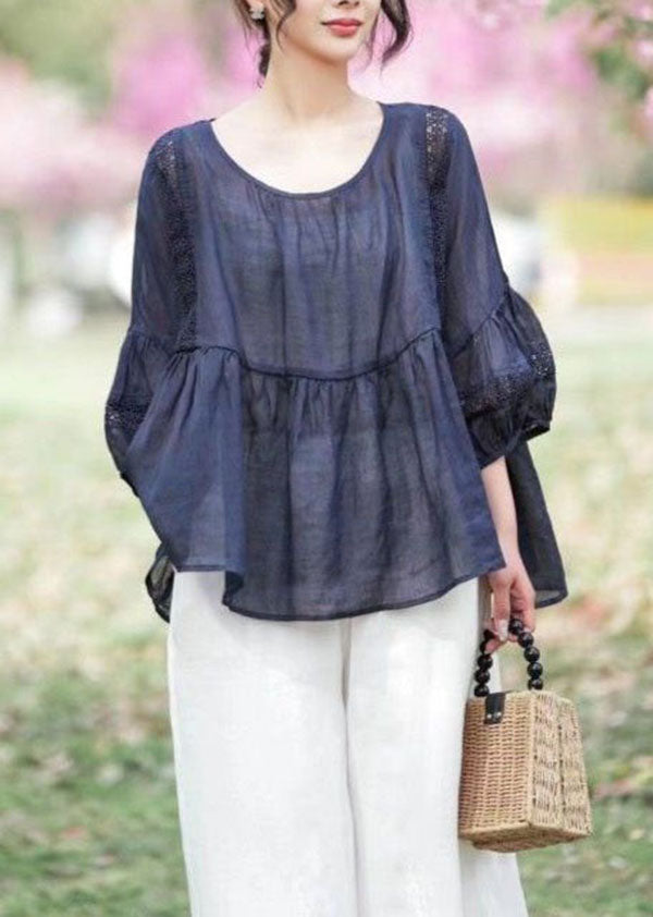 Women Navy Hollow Out Embroidered Patchwork Linen Tops Summer