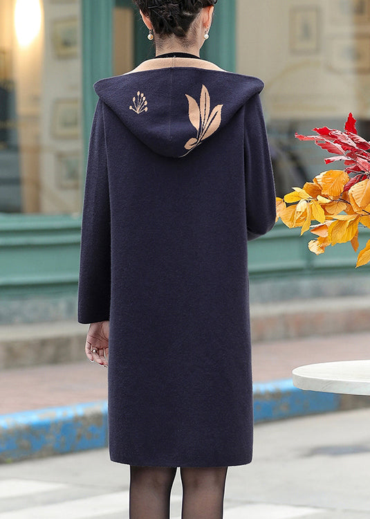 Women Navy Jacquard Zircon Hooded Woolen Coat Spring