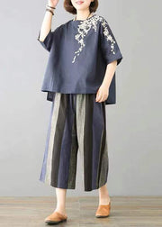 Women Navy O-Neck Embroidered Striped Linen Tops And Straight Pants Two Pieces Set Short Sleeve
