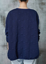 Women Navy Oversized Jacquard Cotton Pullover Sweatshirt Spring