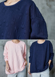 Women Navy Oversized Jacquard Cotton Pullover Sweatshirt Spring