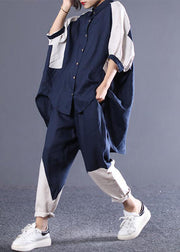 Women Navy Oversized Patchwork Cotton Two Pieces Set Batwing Sleeve
