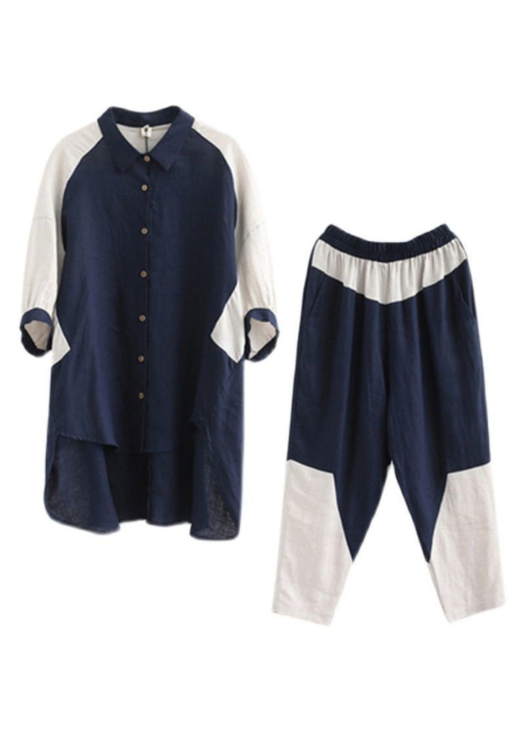 Women Navy Oversized Patchwork Cotton Two Pieces Set Batwing Sleeve