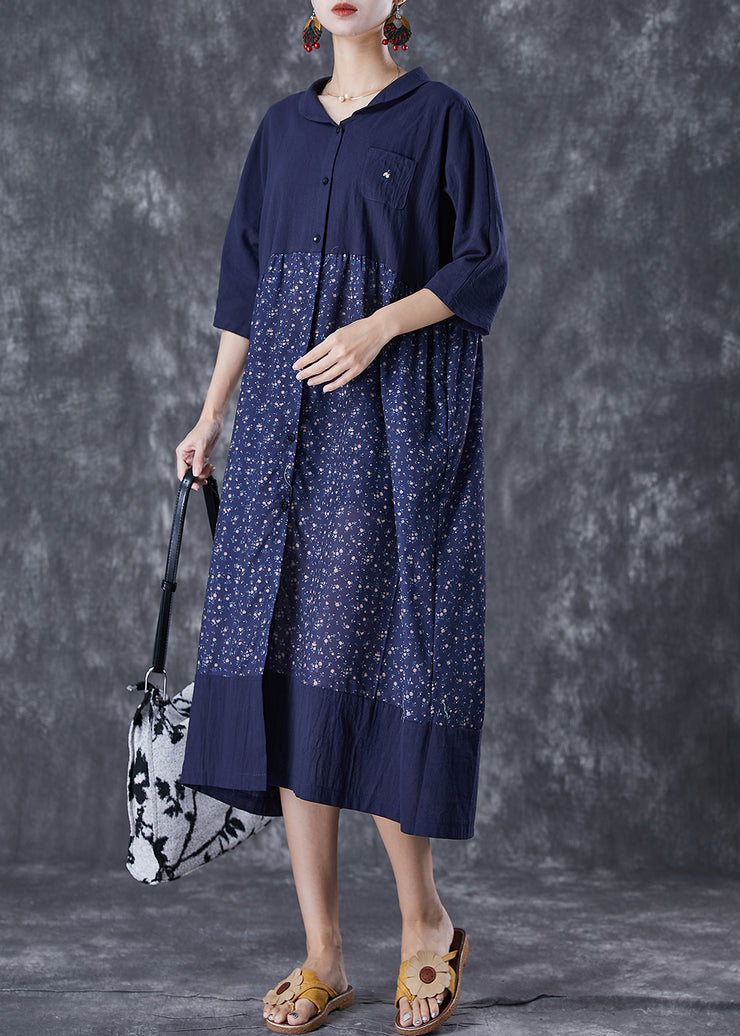 Women Navy Oversized Patchwork Print Linen Robe Dresses Summer