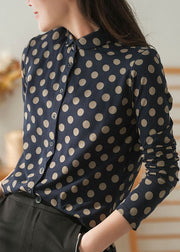 Women Navy Peter Pan Collar Dot Print Cotton Shirt Tops Fall