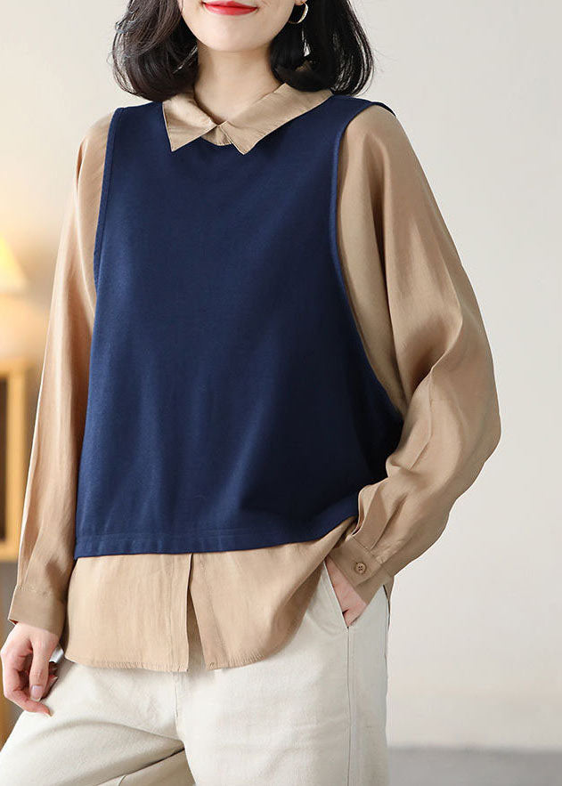 Frauen Navy Peter Pan Kragen Patchwork Gefälschte zweiteilige Baumwolle Shirt Top Langarm