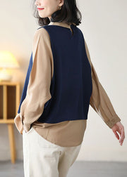 Women Navy Peter Pan Collar Patchwork Fake Two Piece Cotton Shirt Top Long Sleeve