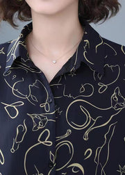 Women Navy Peter Pan Collar Print Patchwork Chiffon Shirt Bracelet Sleeve