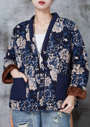 Women Navy Print Chinese Button Warm Fleece Coat Spring