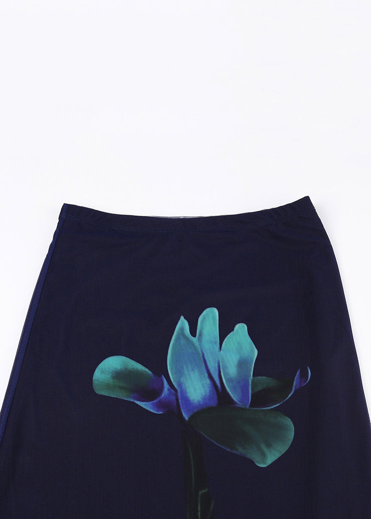 Women Navy Print High Waist Patchwork Tulle Skirts Summer