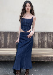 Women Navy Slim Fit Patchwork Denim Tops And Skirts Two Pieces Set Summer