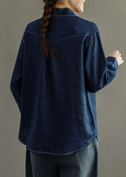 Women Navy Stand Collar Asymmetrical Patchwork Linen Shirt Top Long Sleeve