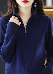 Women Navy Stand Collar Zip Up Thick Wool Knit Cardigan Spring