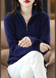 Women Navy Stand Collar Zip Up Thick Wool Knit Cardigan Spring