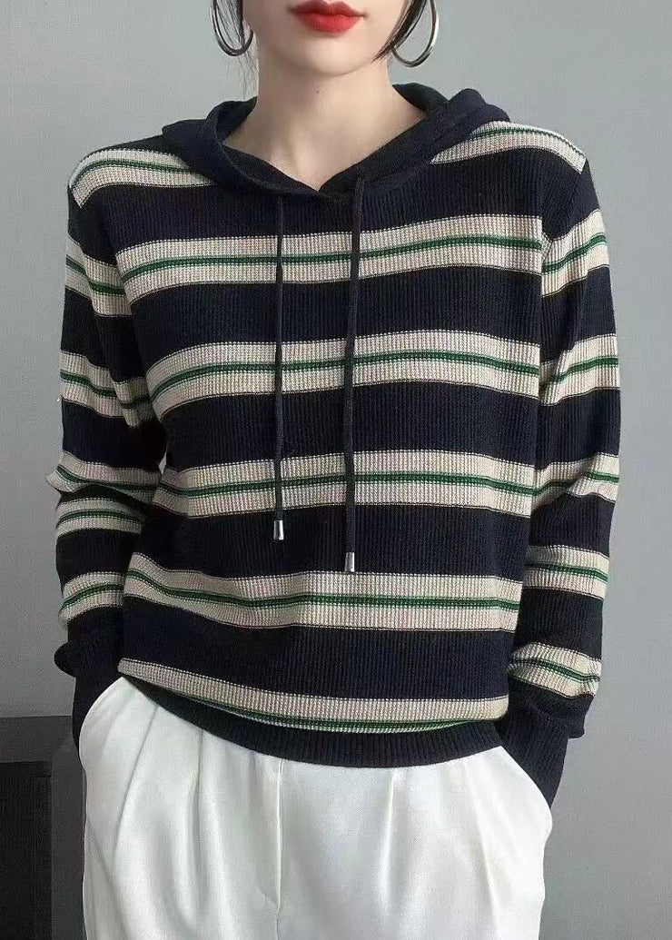 Women Navy Striped Hooded Patchwork Wool Knit Tops Fall