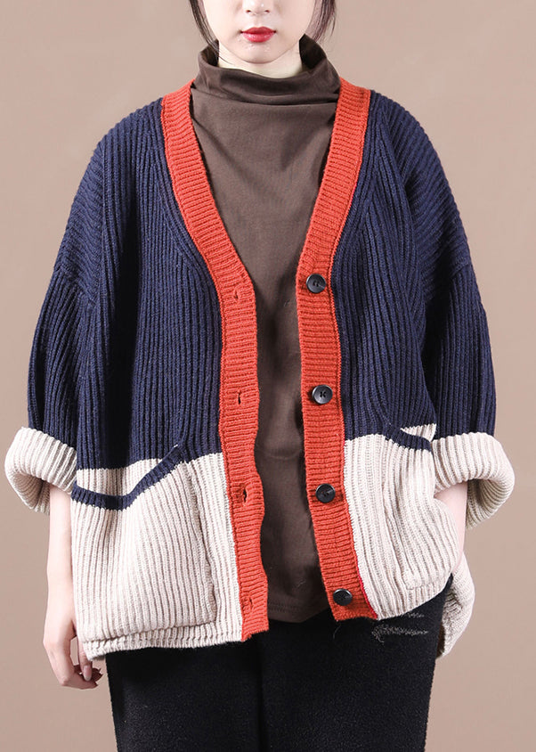 Women Navy V Neck Patchwork Button Thick Knit Sweaters Coats Fall