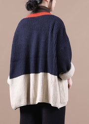Women Navy V Neck Patchwork Button Thick Knit Sweaters Coats Fall