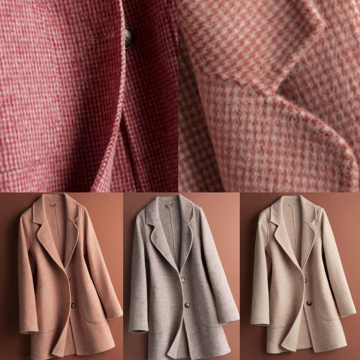 Women Notched pockets Fine clothes For Women pink plaid daily Woolen Coats - SooLinen