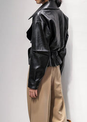 Women Notched Cinched  coat black silhouette coats - SooLinen