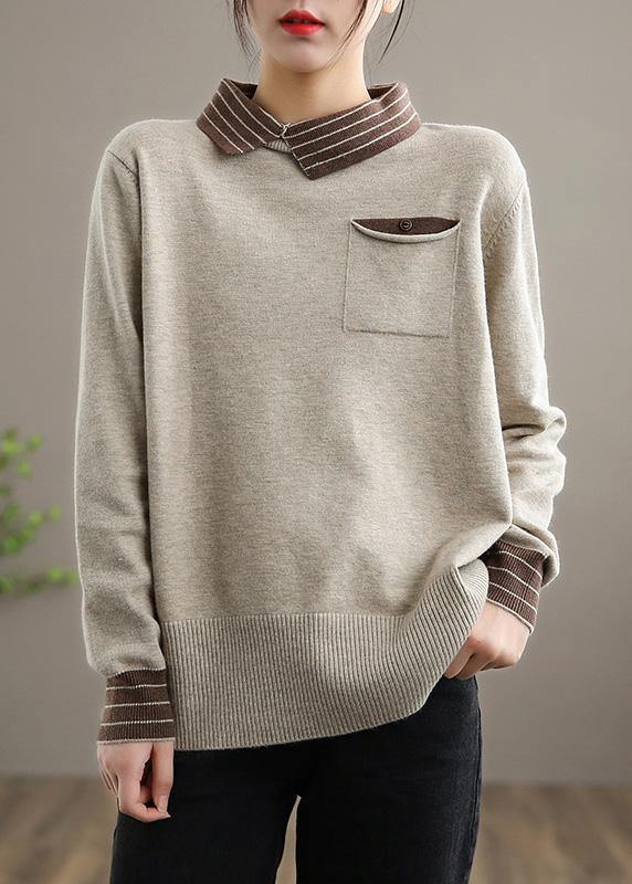 Women Nude Knit Tops Clothing Lapel Patchwork Knit Top Silhouette - SooLinen