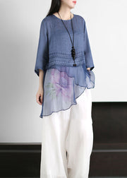 Women O Neck Asymmetrical Design Print Patchwork Linen Top Summer