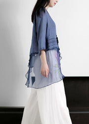 Women O Neck Asymmetrical Design Print Patchwork Linen Top Summer