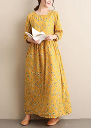 Women O Neck Cinched Dresses Yellow Print Robe Dress - SooLinen
