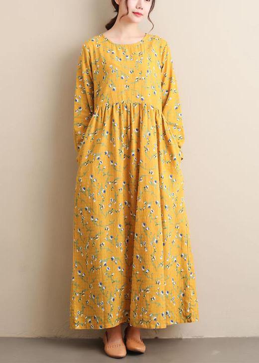 Women O Neck Cinched Dresses Yellow Print Robe Dress - SooLinen