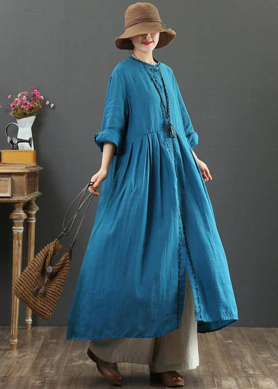 Women O Neck Cinched Spring Dresses Neckline Blue Robes Dress - SooLinen