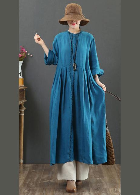 Women O Neck Cinched Spring Dresses Neckline Blue Robes Dress - SooLinen