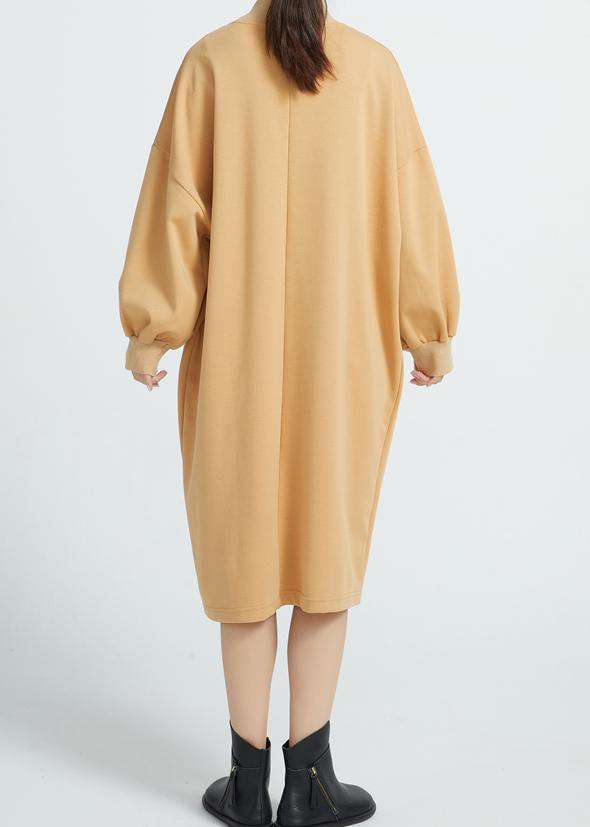Women O Neck Cotton Spring Dresses Sleeve Camel Color Dresses - SooLinen
