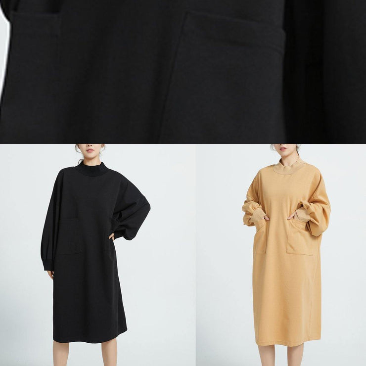 Women O Neck Cotton Spring Dresses Sleeve Camel Color Dresses - SooLinen