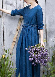 Women O Neck Drawstring Spring Tunic Runway Blue Long Dresses - SooLinen