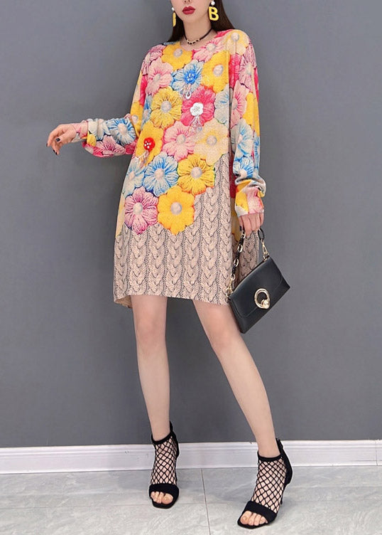 Women O-Neck Floral Print Chiffon Mid Dresses Long Sleeve