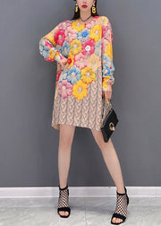 Women O-Neck Floral Print Chiffon Mid Dresses Long Sleeve