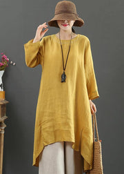 Women O Neck Low High Design Spring Clothes Shirts Yellow Embroidery Art Dress - SooLinen