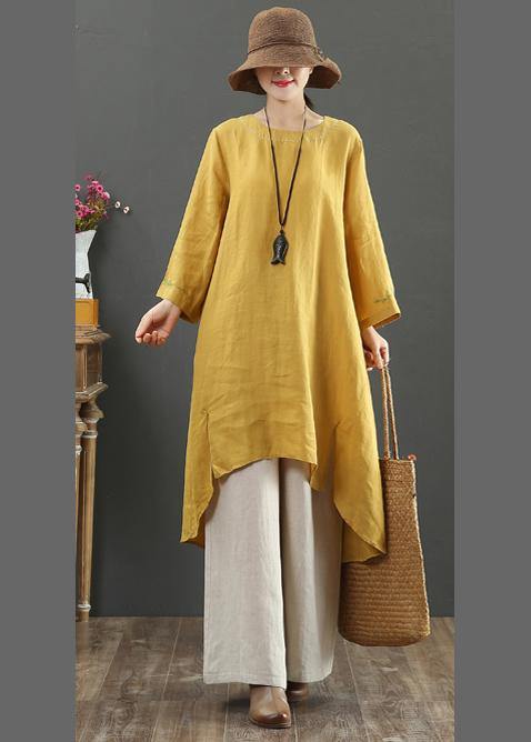 Women O Neck Low High Design Spring Clothes Shirts Yellow Embroidery Art Dress - SooLinen