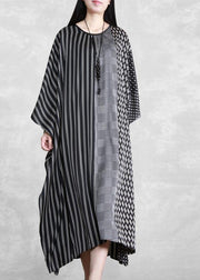 Women O Neck Patchwork Spring Clothes Pattern Black Striped A Line Dress - SooLinen