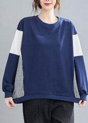 Women O Neck Patchwork Striped Spring Top Silhouette Sewing Blue Blouses - SooLinen